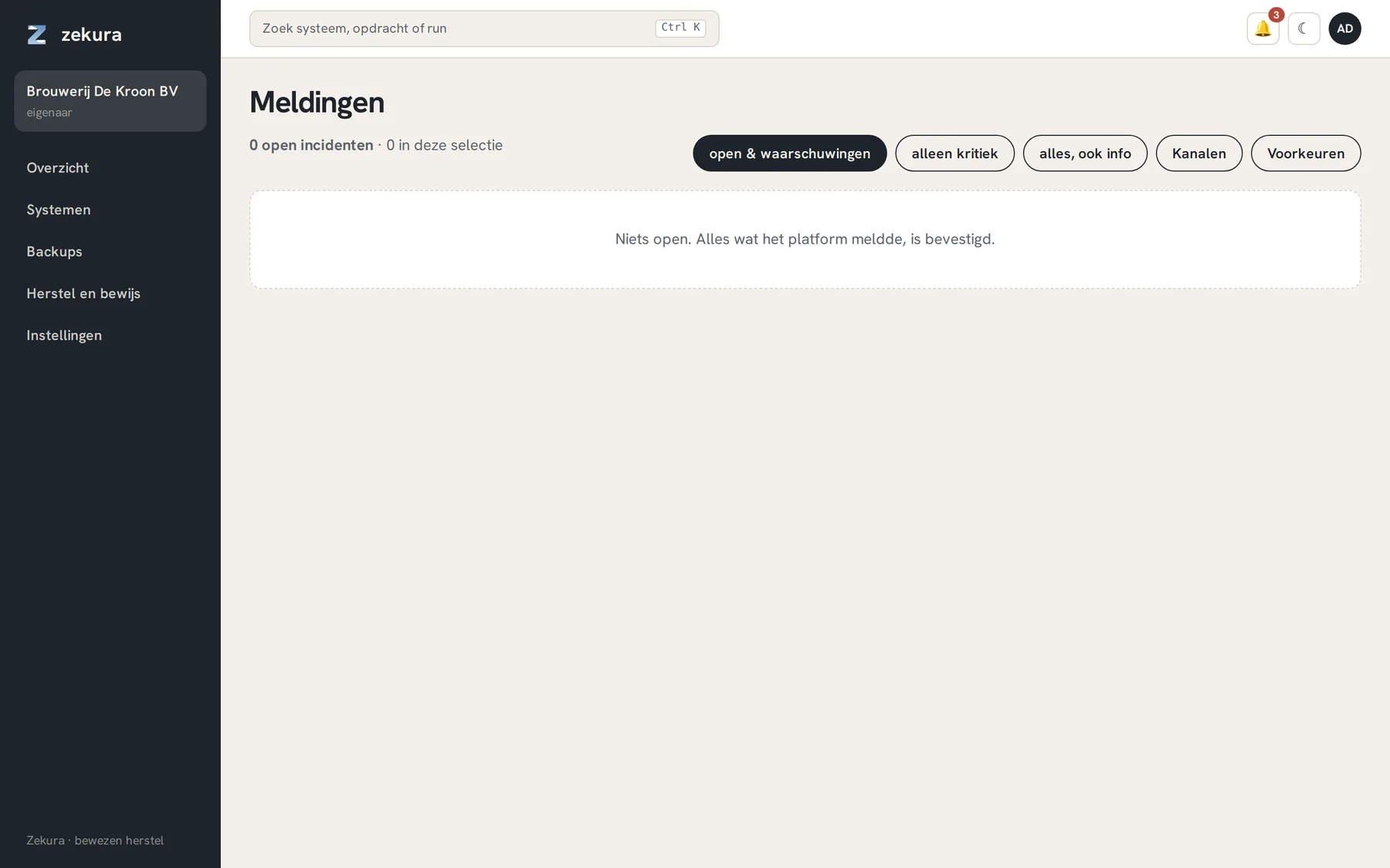 Meldingen: geen open incidenten; filters voor open, kritiek en alles
