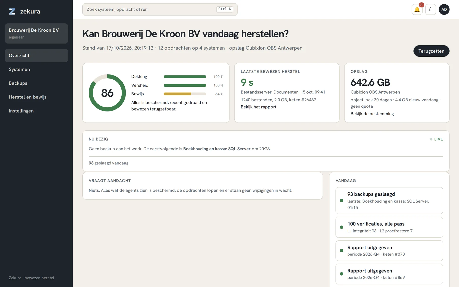 Het overzicht na de eerste runs: score, laatste bewezen herstel, opslag, wat aandacht vraagt