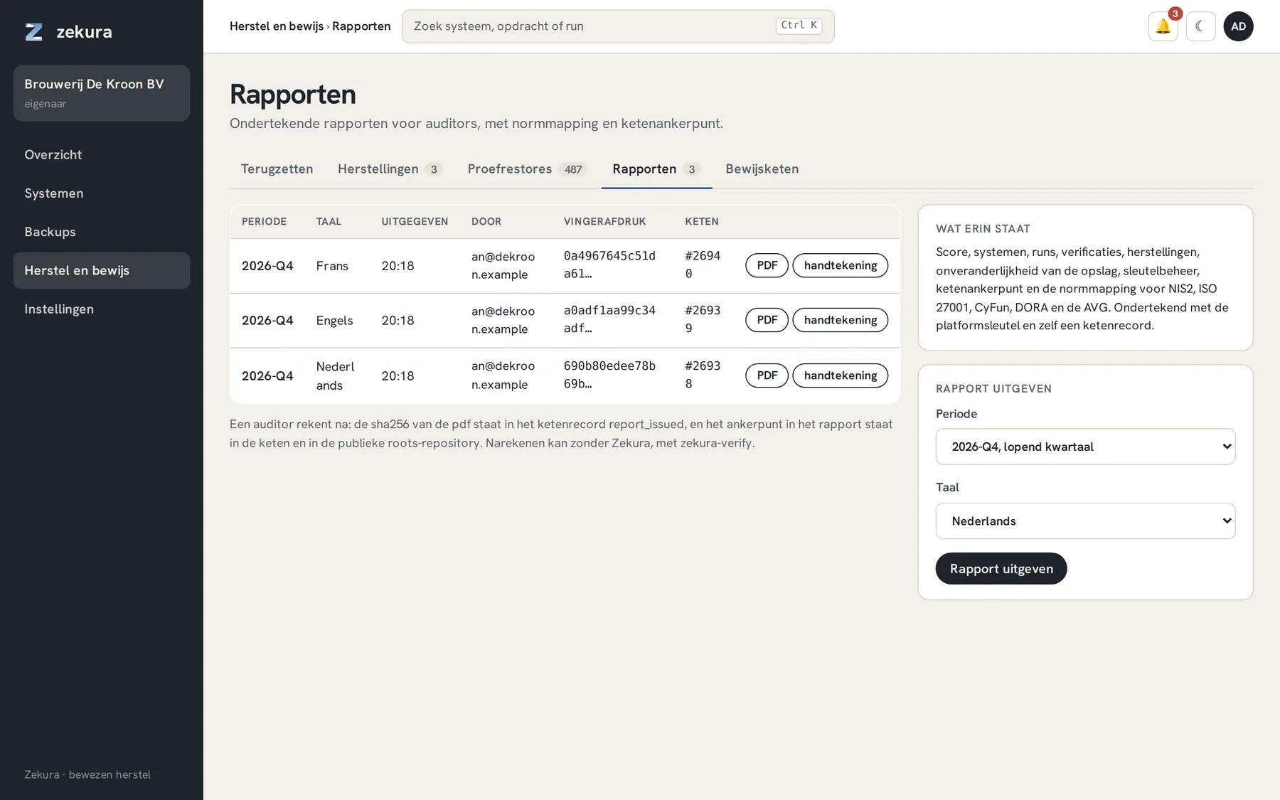 Rapporten: uitgegeven rapporten per periode en taal, met vingerafdruk, ketenrecord, PDF en handtekening