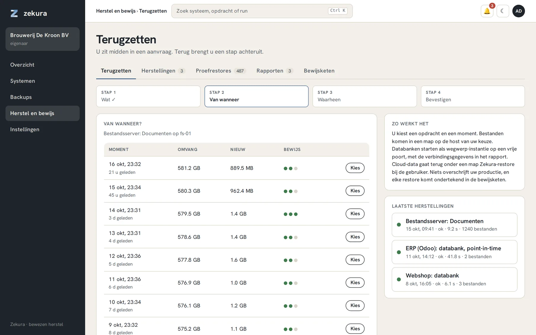 De wizard Terugzetten, stap 2: kies het moment. Per snapshot de omvang, de nieuwe data en het bewijs