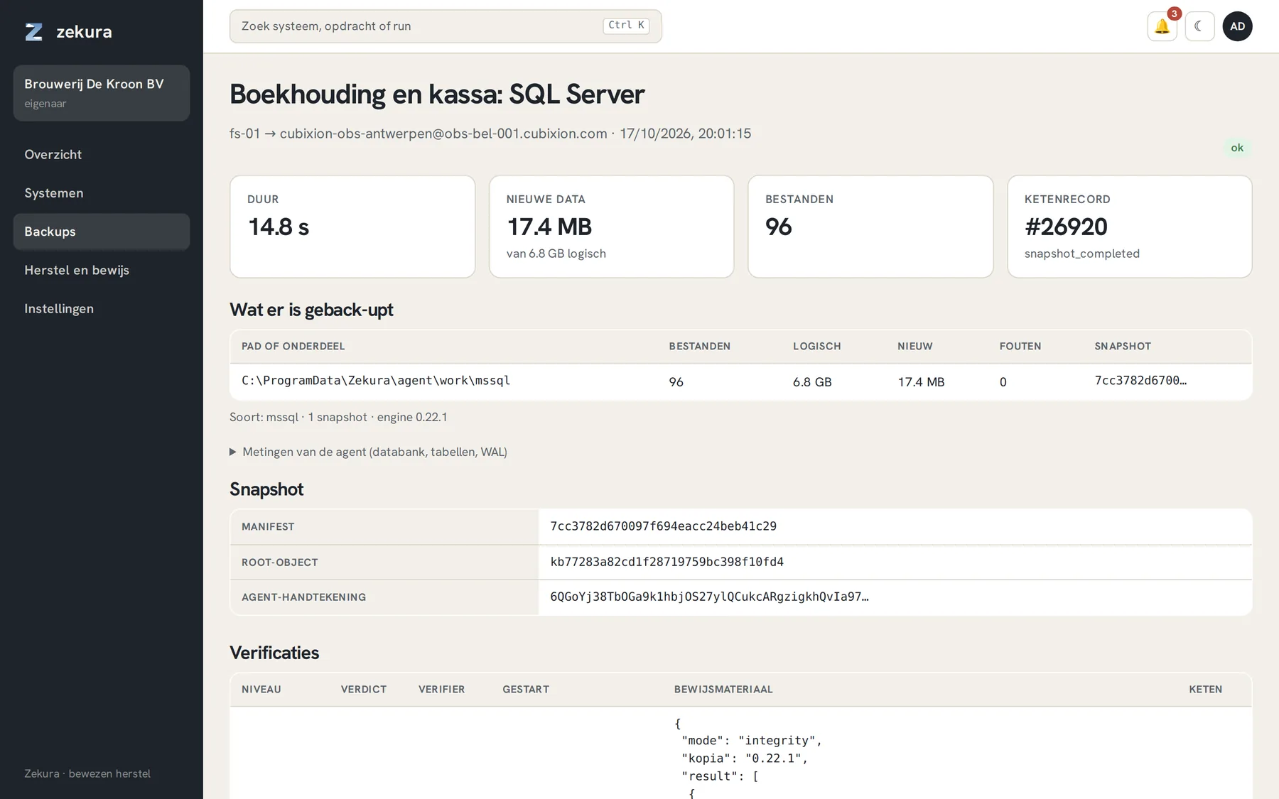 De pagina van een run: duur, nieuwe data, bestanden, ketenrecord, wat er is geback-upt, snapshot en verificaties