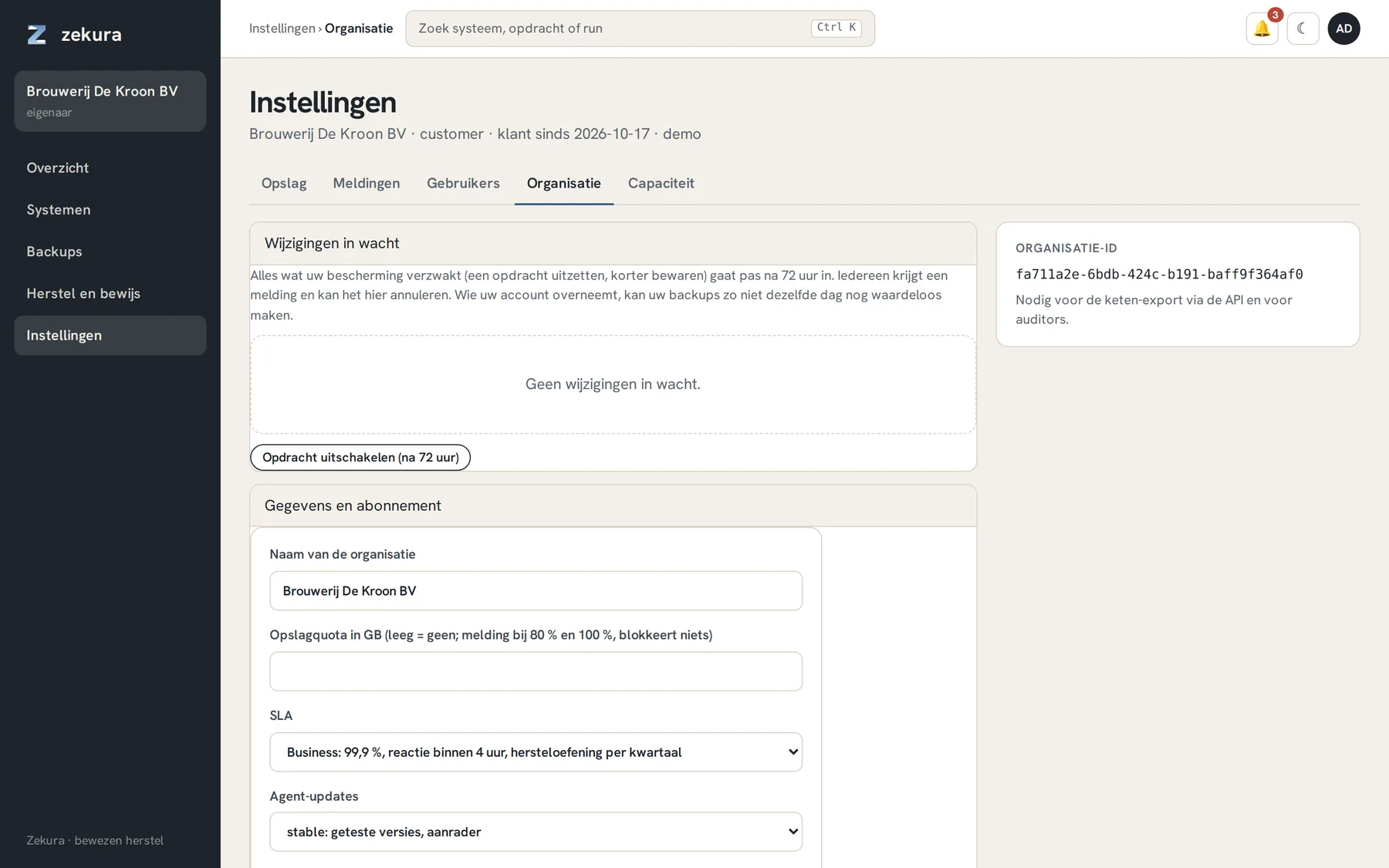 Instellingen → Organisatie voor een IT-partner: Eigen organisatie, Klanten, Huisstijl, Verbruik en facturatie