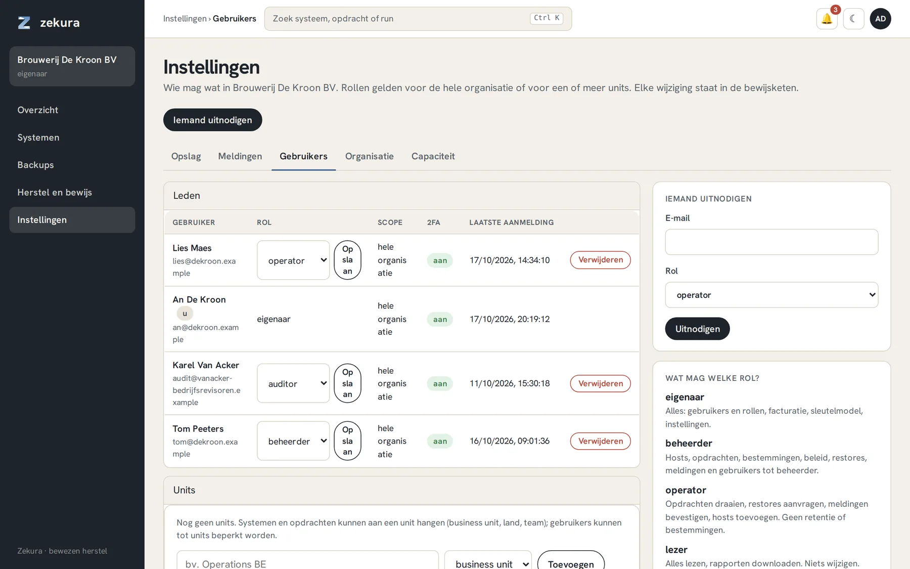 Instellingen → Gebruikers: leden met rol, scope, tweede factor en laatste aanmelding